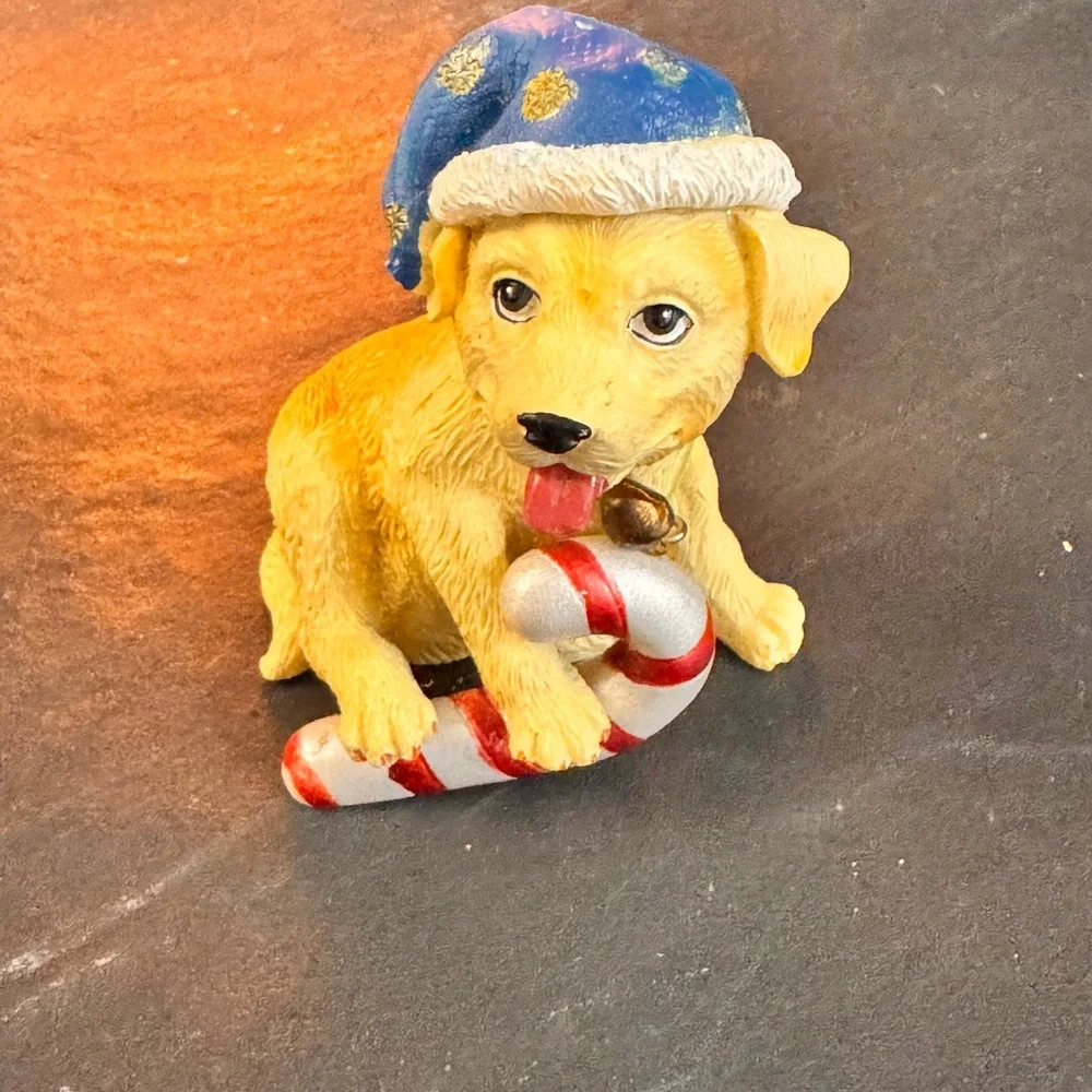 Adorable Golden Retriever Puppy Christmas Mini Decor‎ Candy Cane Hat Bell